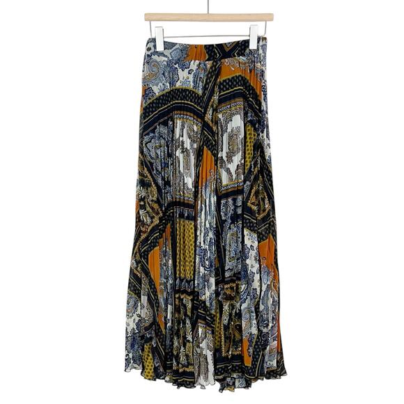 H&M Patchwork Print Pleated Maxi Skirt Size Small Blue, Orange, Yellow - Picture 1 of 8